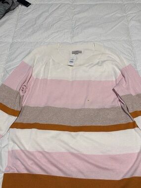 LOFT Crewneck Sweater in Pink, Cream, Tan & Brown Stripe